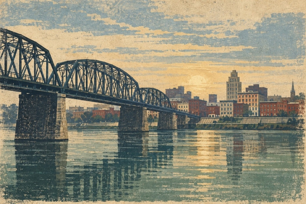 Textured illustration of a bridge spanning the Cumberland River