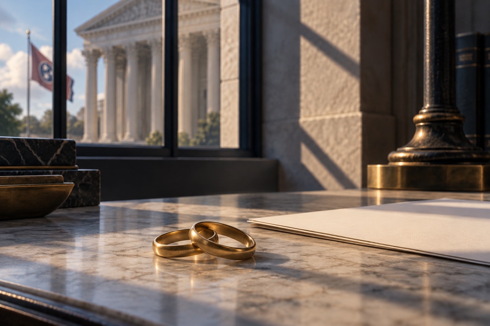 Two plain rings resting beside blank legal papers